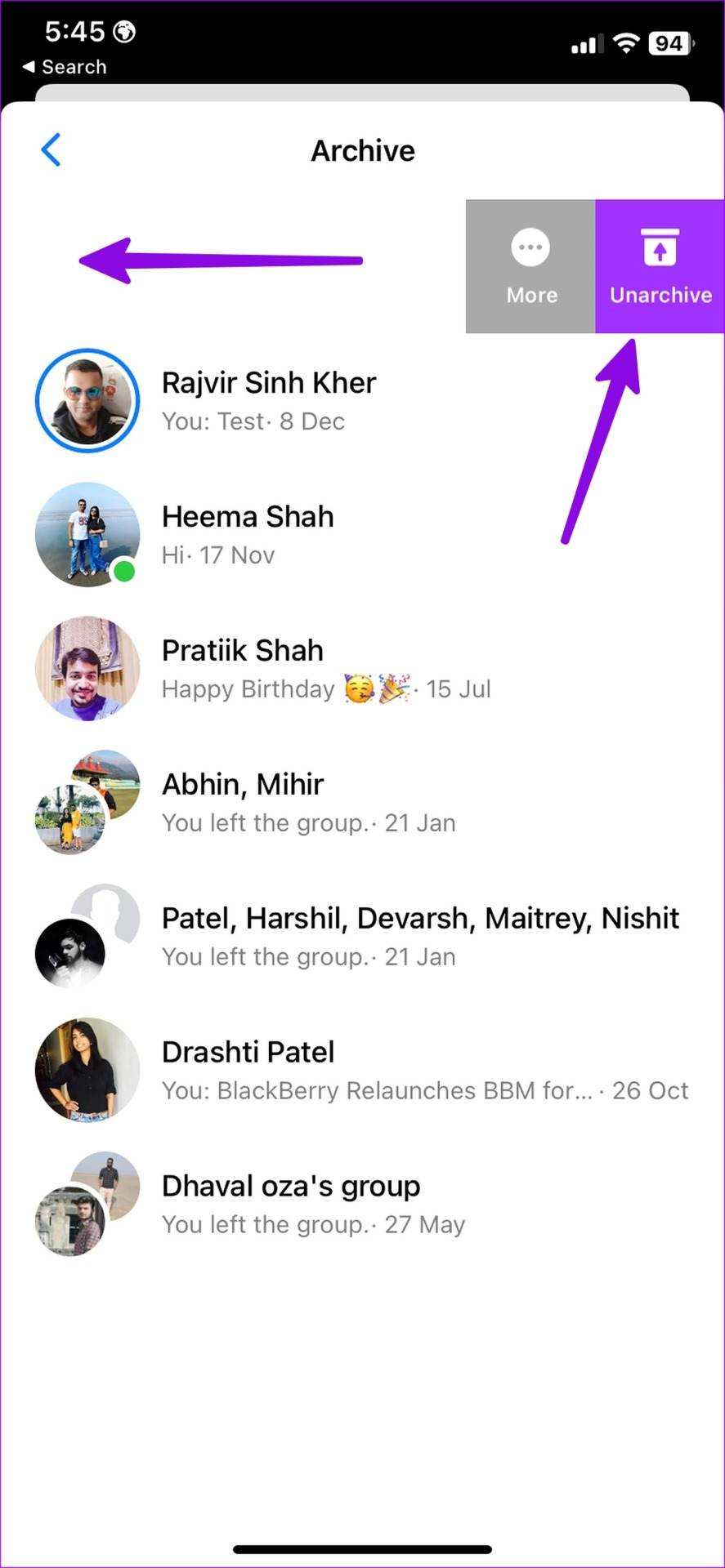 unarchive on Facebook Messenger for iPhone