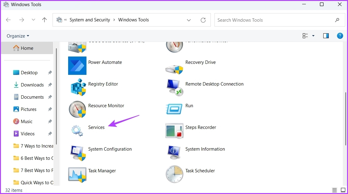 Choosing Services in Windows Tools window