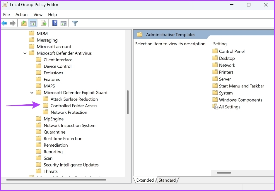 Controlled folder access in the Local Group Policy Editor