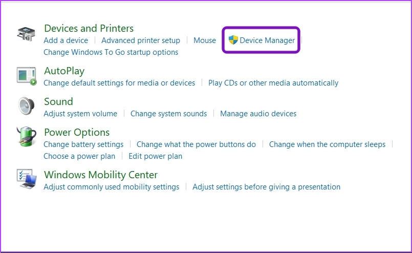 Choosing Device Manager in Control panel