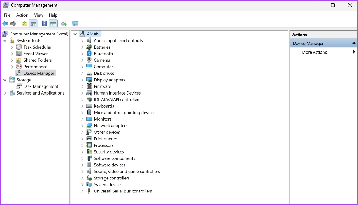 Device Manager options in management tool