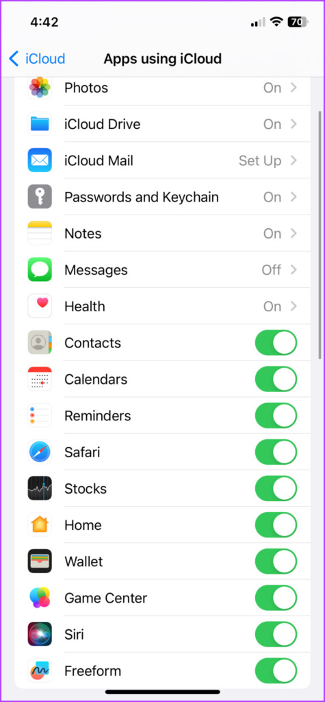 Toggle on the app to enable iCloud sync