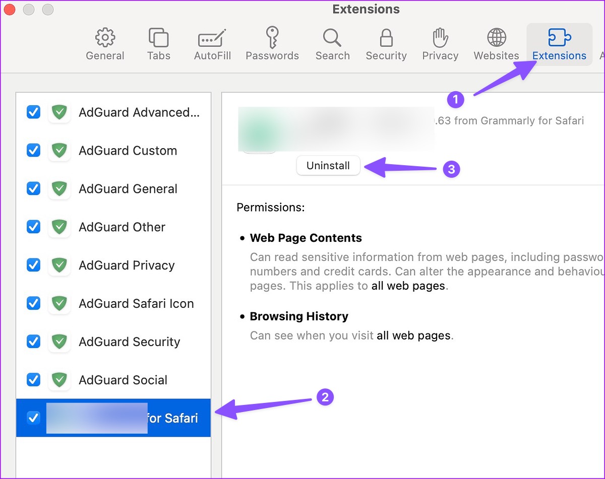 Uninstall Extensions in Safari on Mac