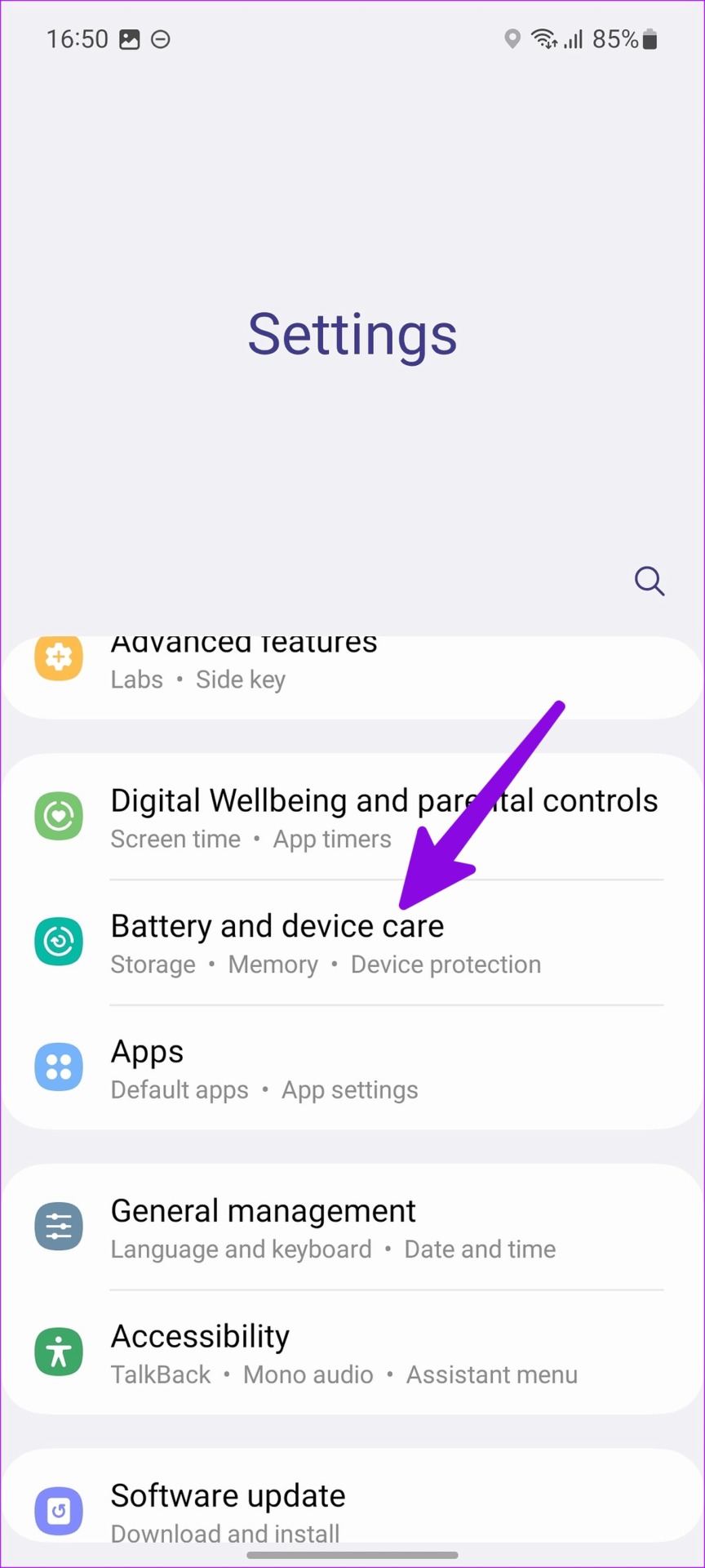 open battery and device care on Samsung Galaxy phone