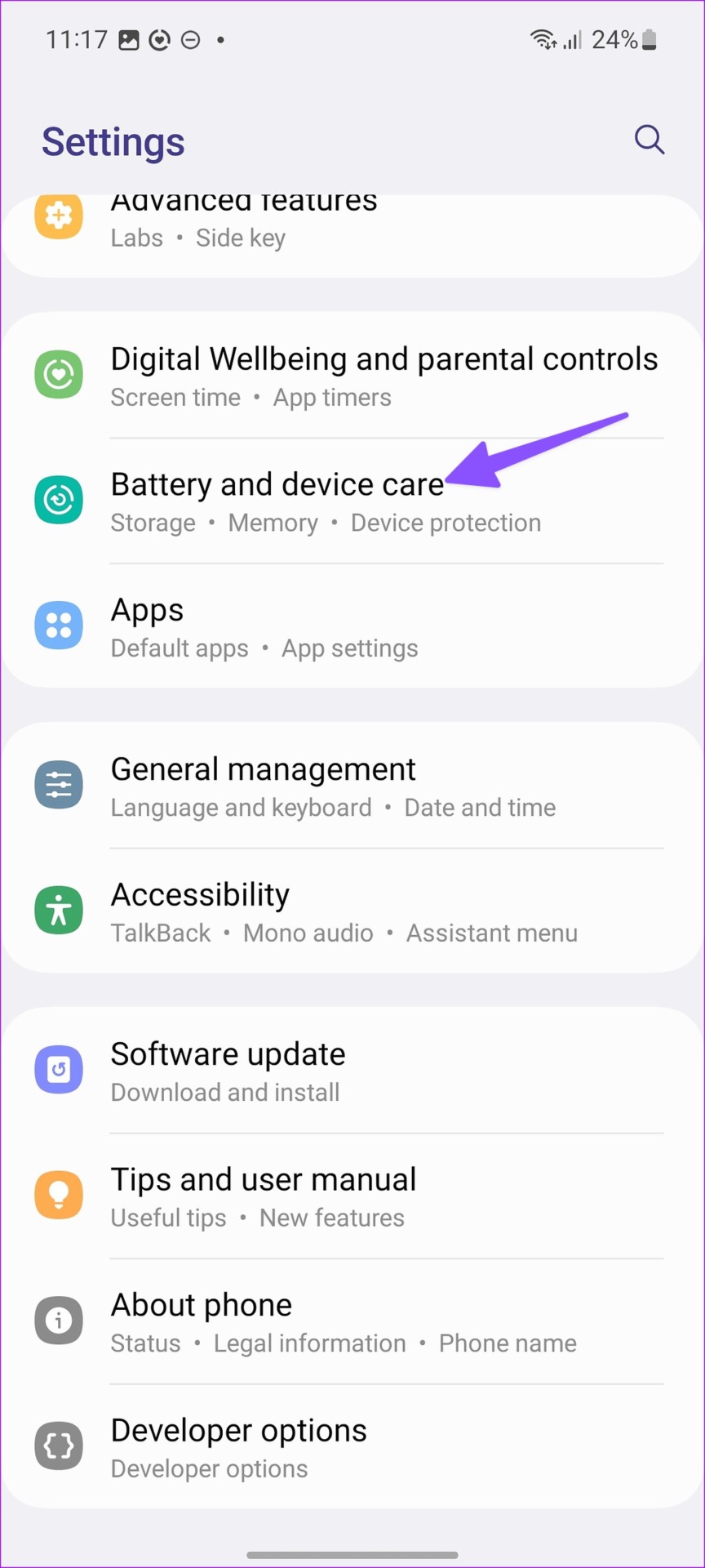 Open battery and device care on Samsung phone