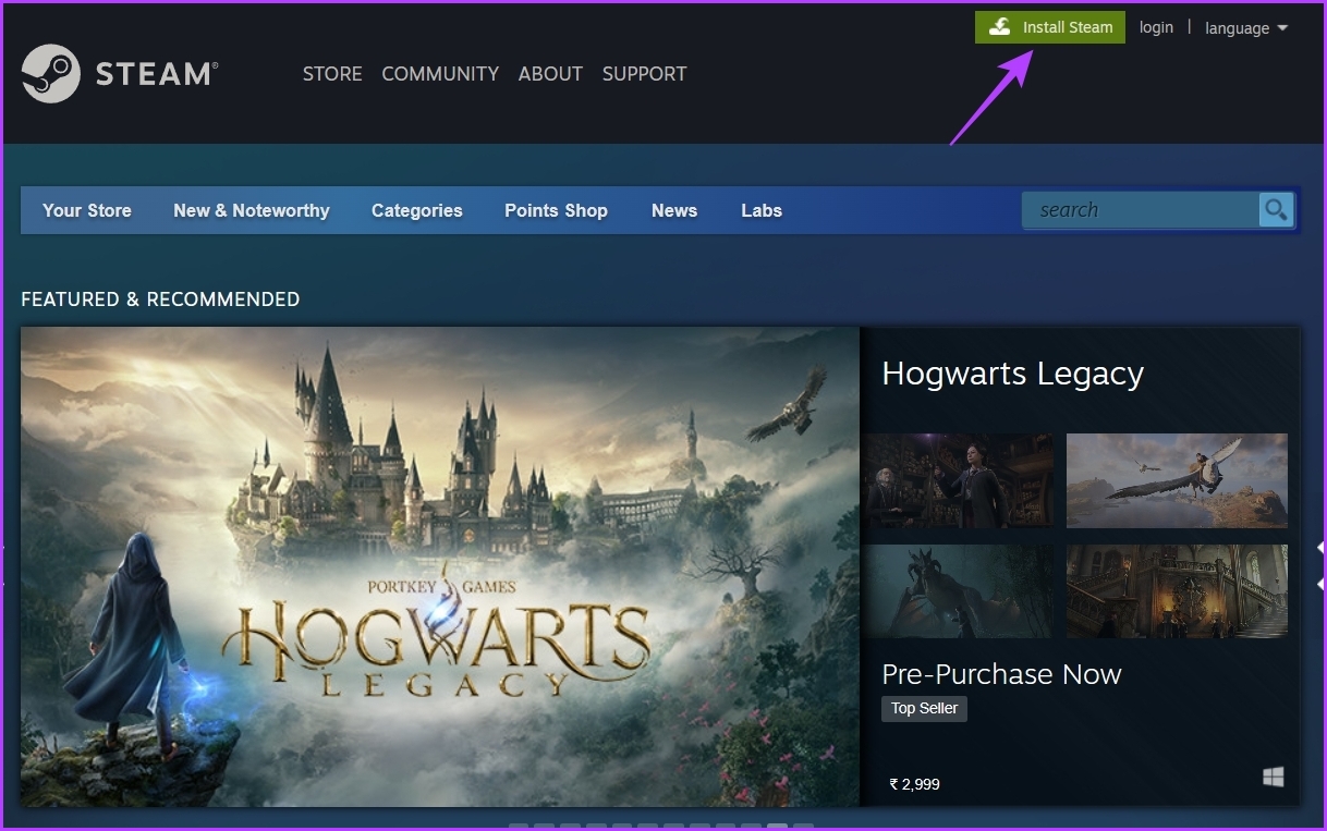 Install Steam option on Steam homepage