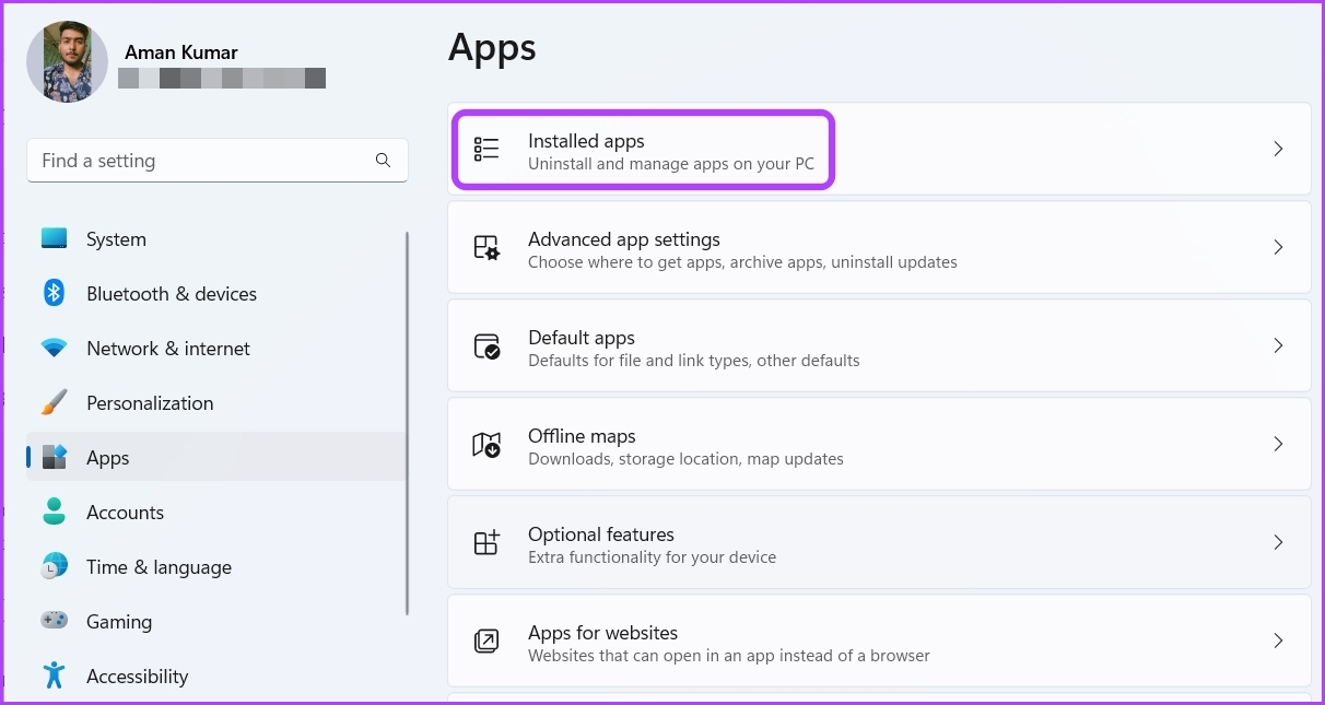 Installed apps option in Settings app