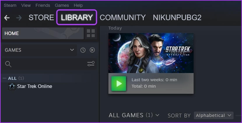 Library option of the Steam client
