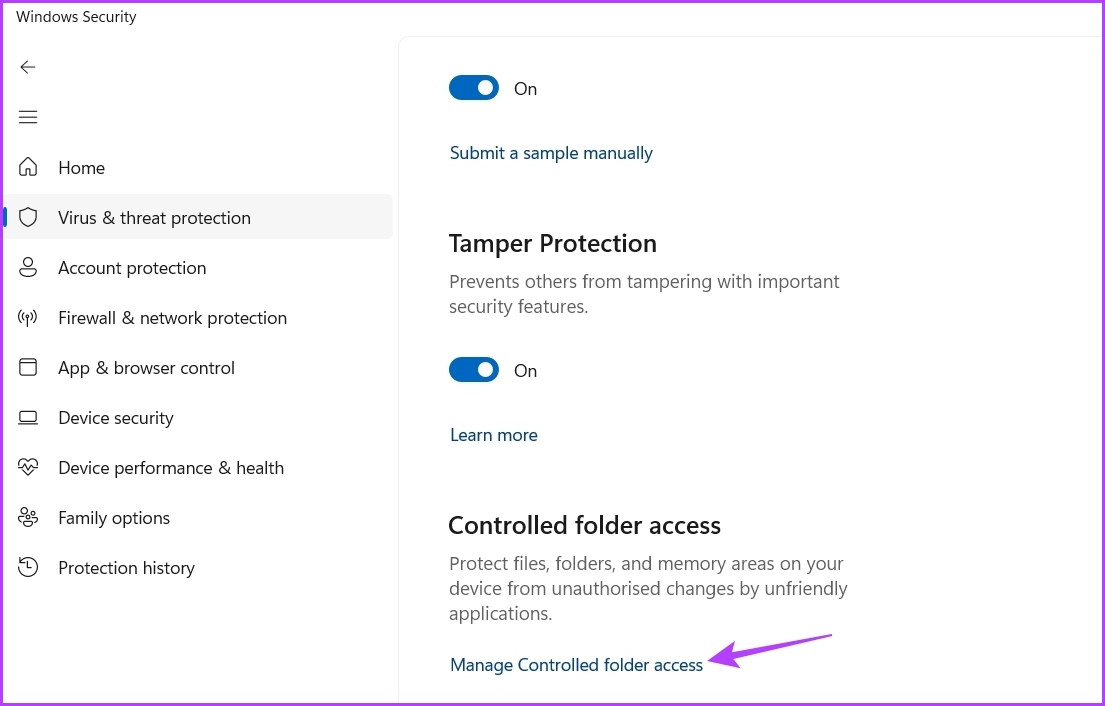 Manage Controlled folder access option in Windows Security