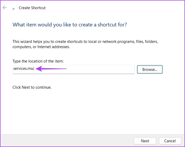 Next option in create shortcut window