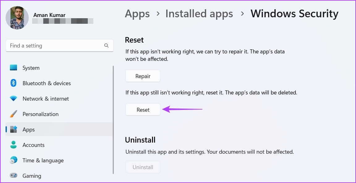 Reset Option for Resetting Windows Security app