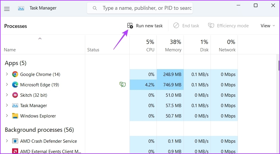 Run new task option in the task Manager