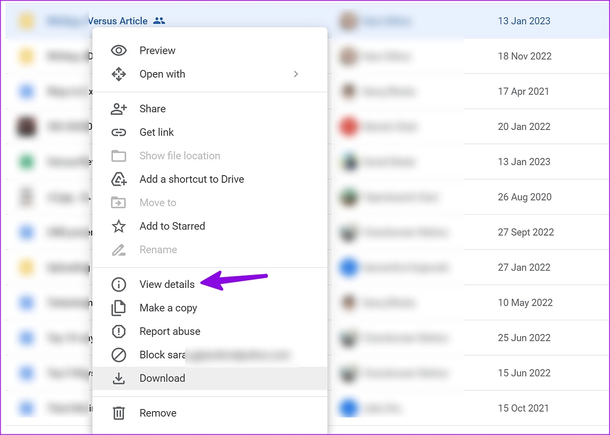 view details of share file on google drive