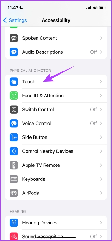 Select Touch on iPhone