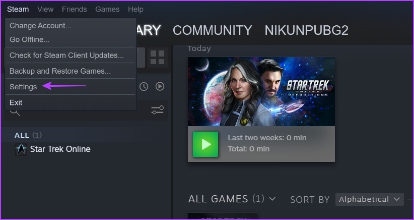 Settings option of the steam client