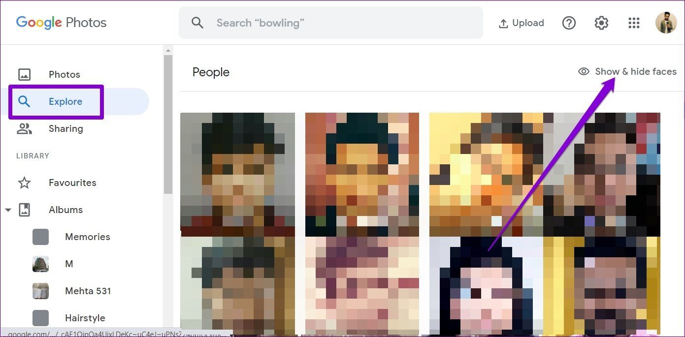 Show hide faces in Google Photos on PC