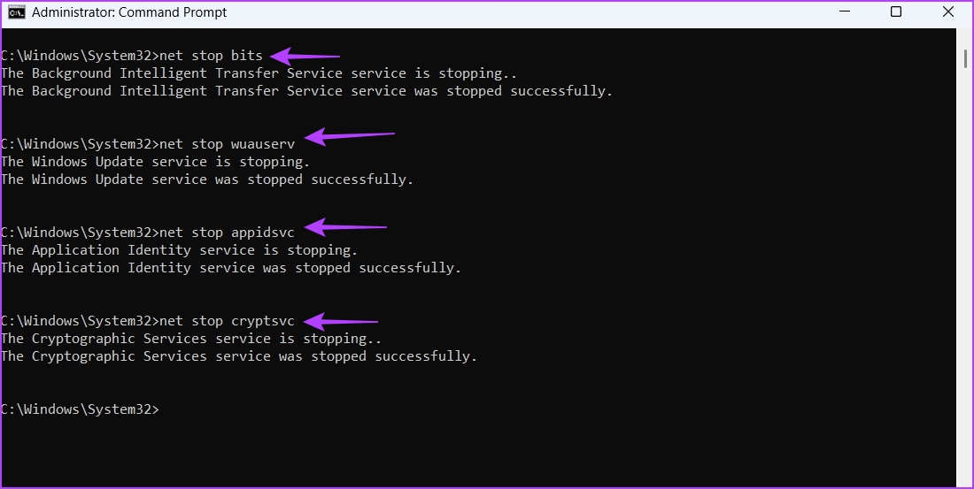 Stopping services in Command Prompt