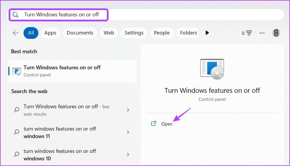 Turn Windows features on or off  in Windows Search