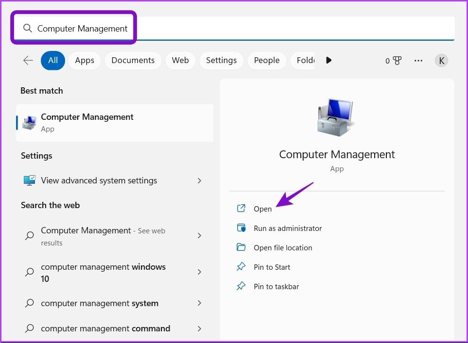 Typing Computer management in Windows Search