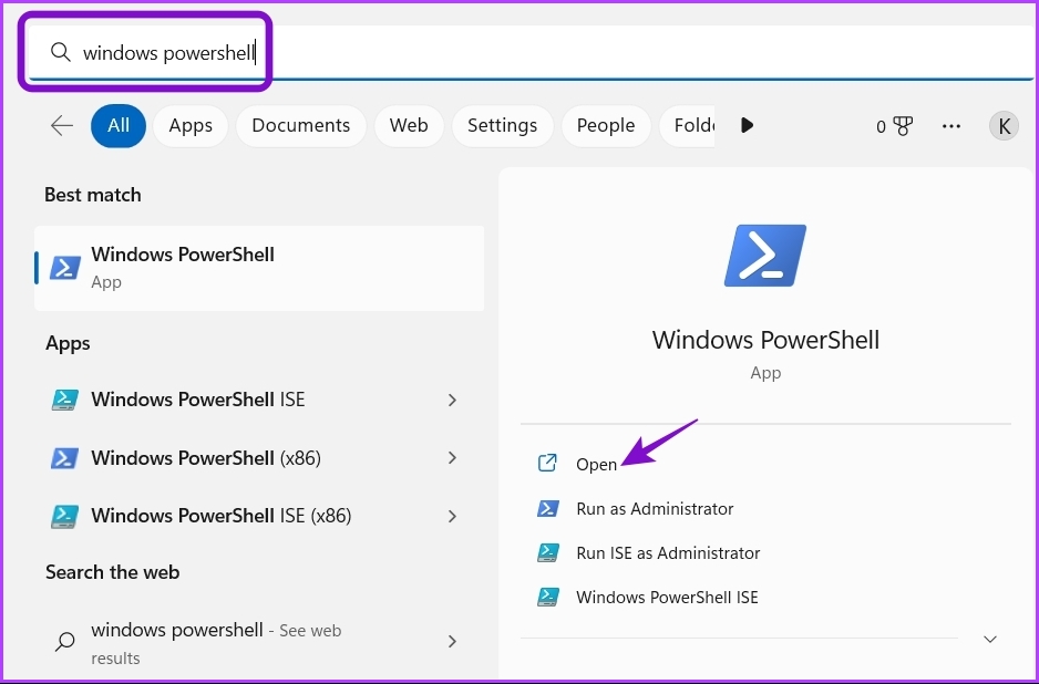 Typing Windows PowerShell in Windows Search