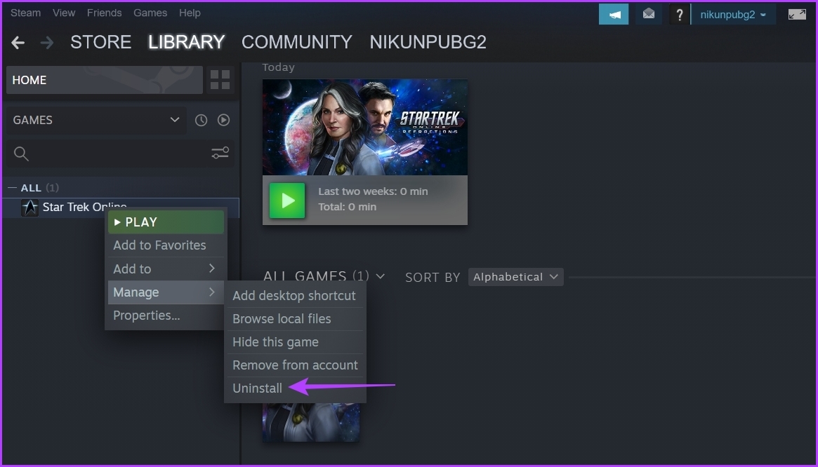 Uninstall option of the Steam client