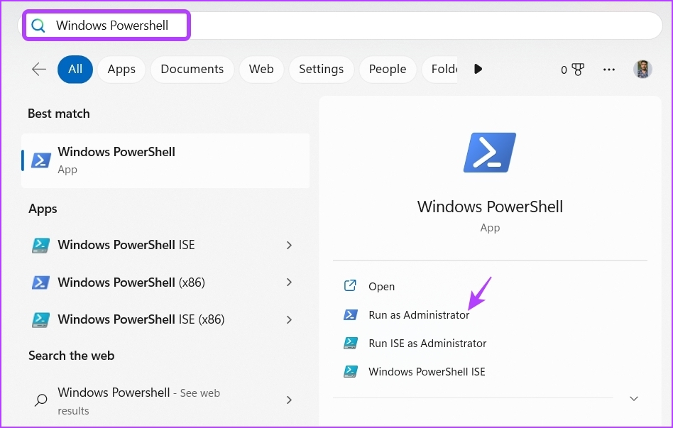 Choosing Windows PowerShell in the Start menu
