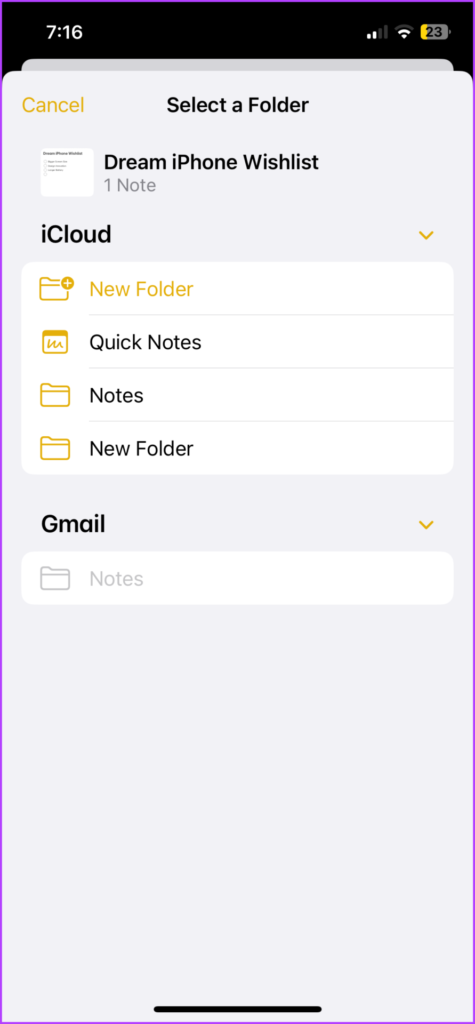 Move the deleted note to desired folder