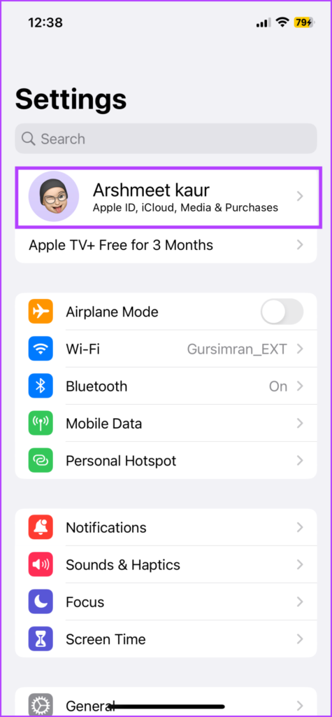 Go to your profile in iPhone Settings