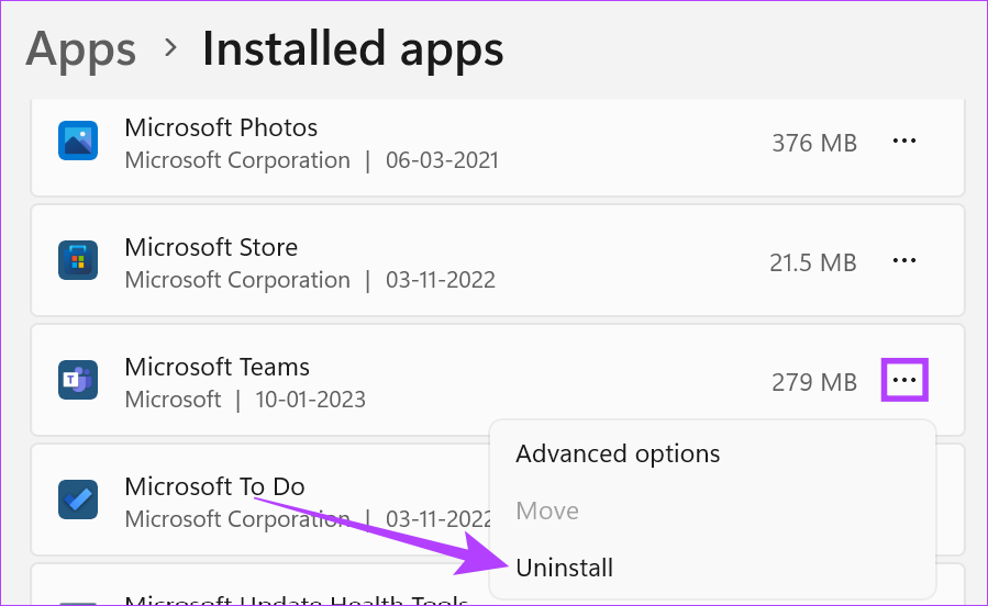 Click on menu option and click on Uninstall