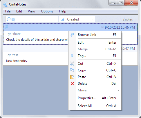 Note Right Click Options