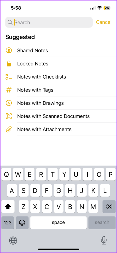 Use categories to refine your search in iPhone Notes app